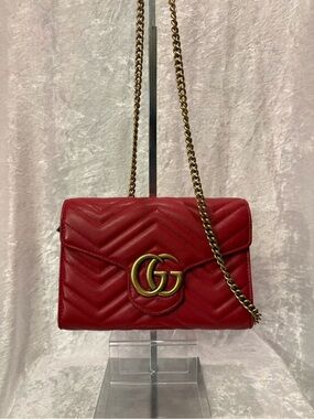 Gucci GG Marmont Chevron Quilted Wallet on a Chain (WOC) Bag Red COA